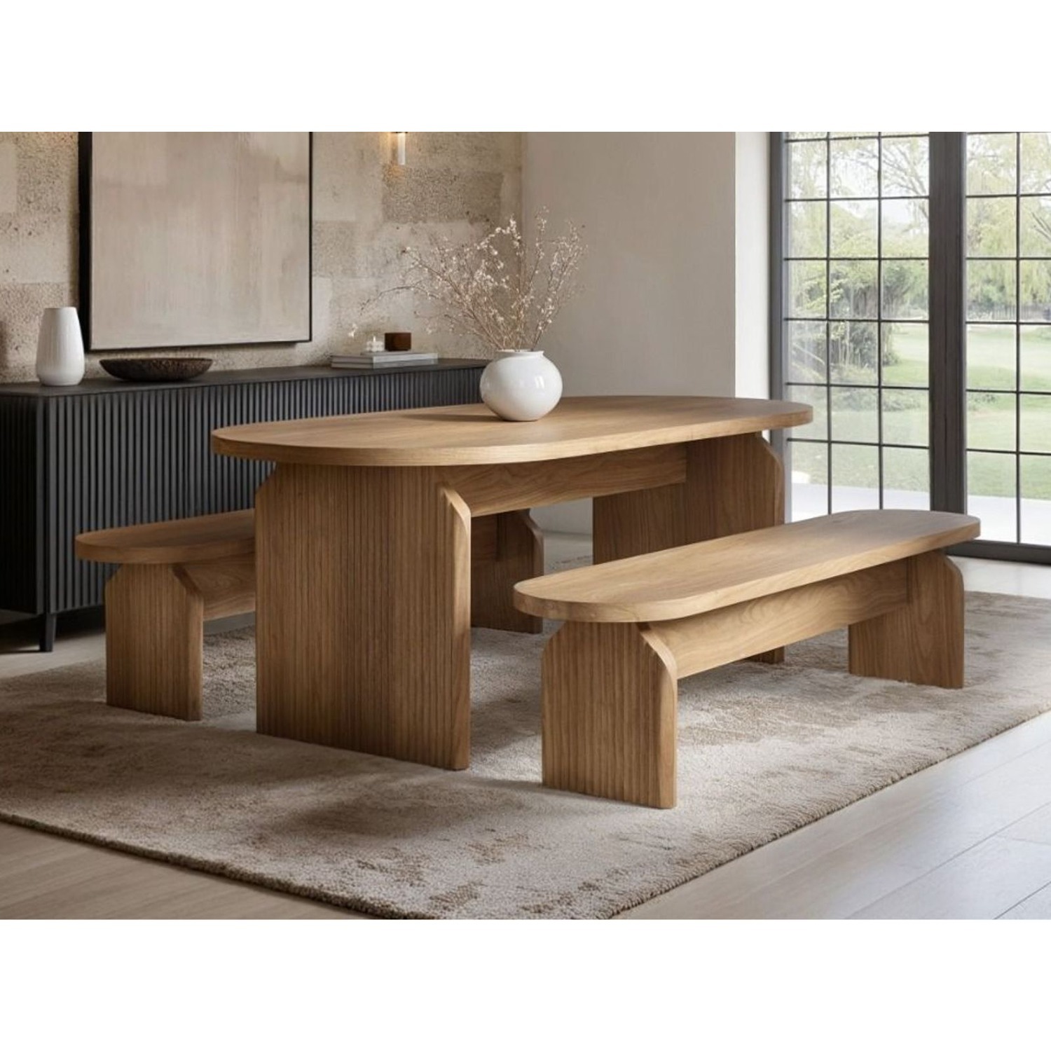 Solace+Co Varm Wooden Ribbed Dining Table With Bench Set Oak, Brown - Image 3