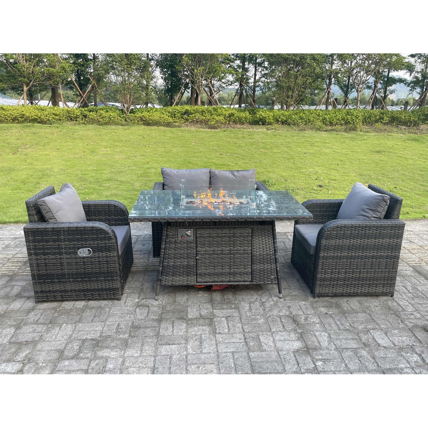 Fimous Rattan 4 Seater Gas Fire Pit Sofa Set Reclining Chairs