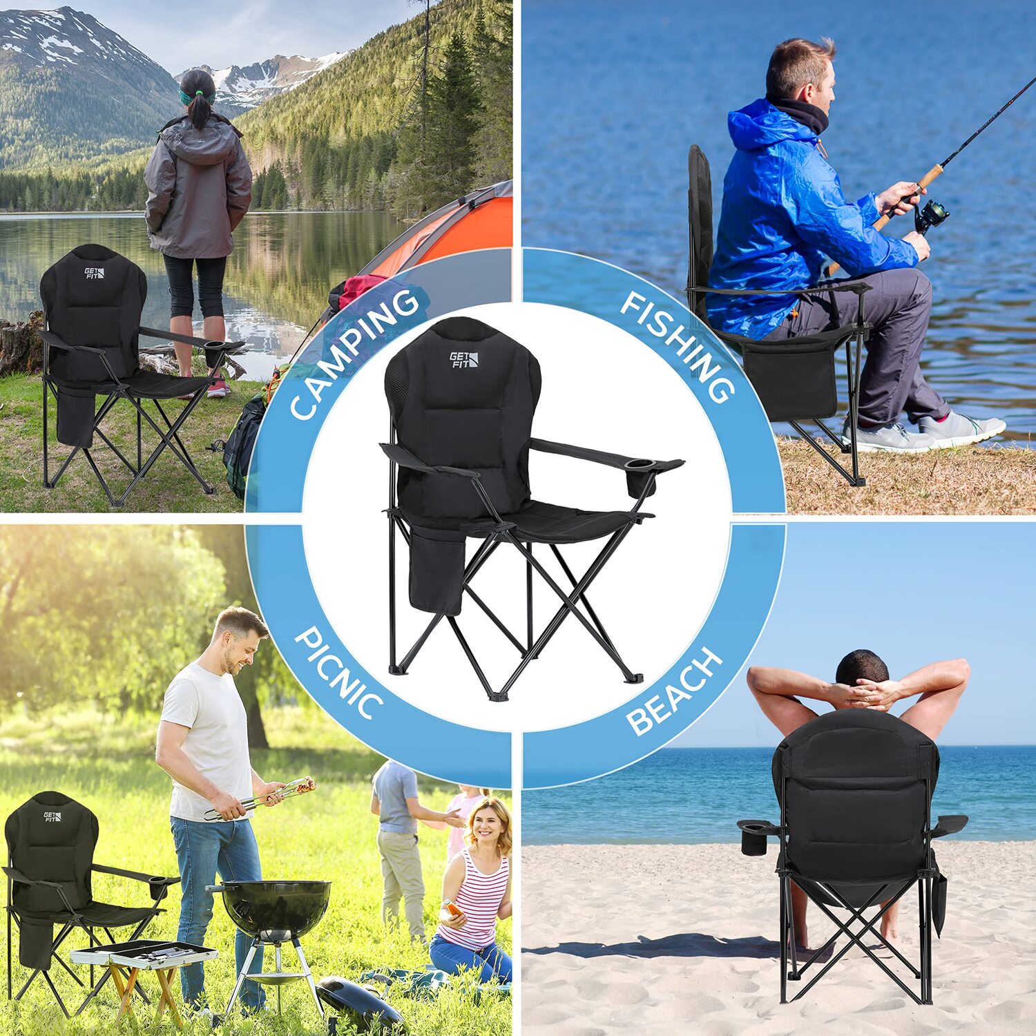 Get Fit Premium Camping Chair Thick Padded Folding Chair For Adults - Black / 3.40Kg
