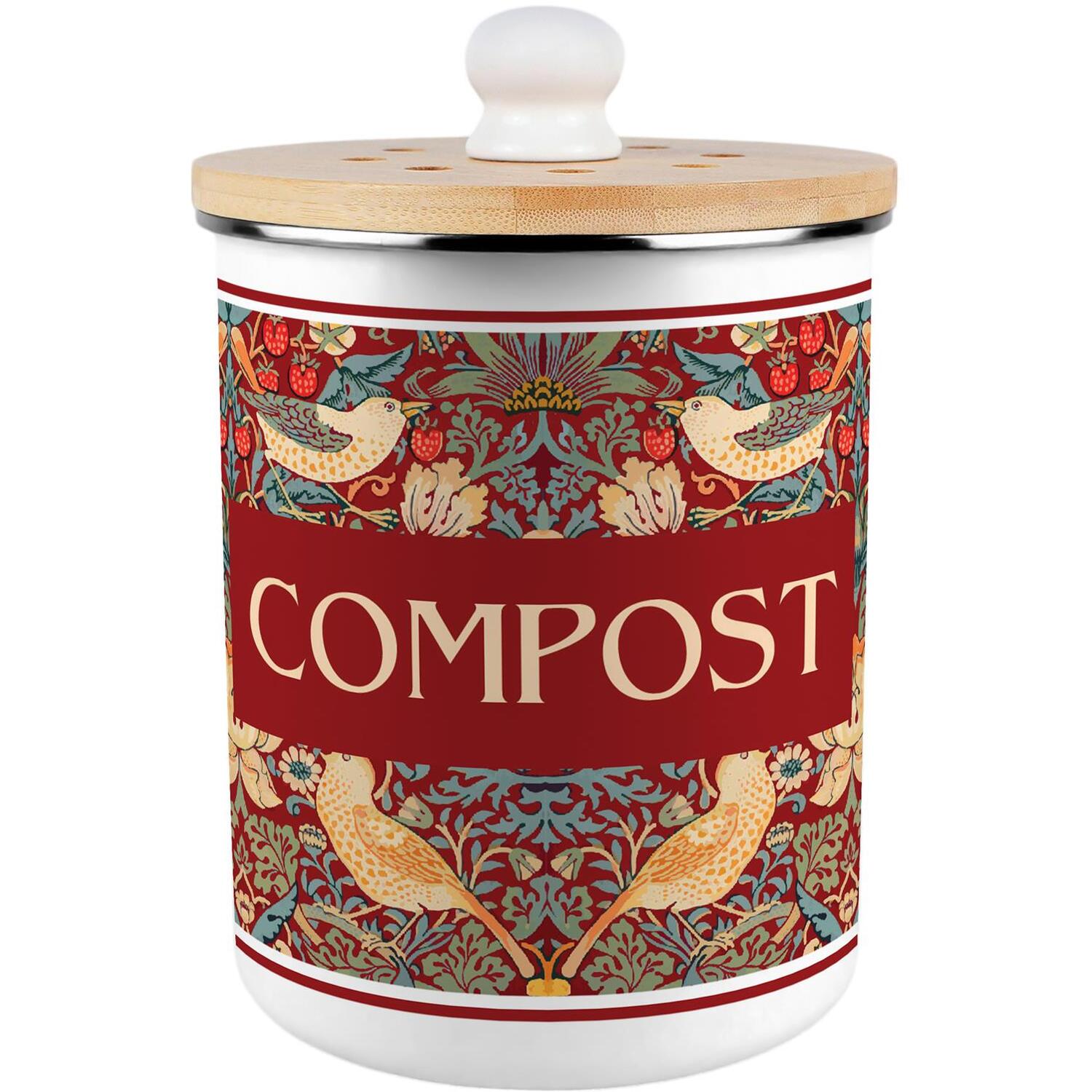 Purely Home Strawberry Thief Compost Caddy - Metal 2L Red Decorative Kitchen Food Waste Bin - Red