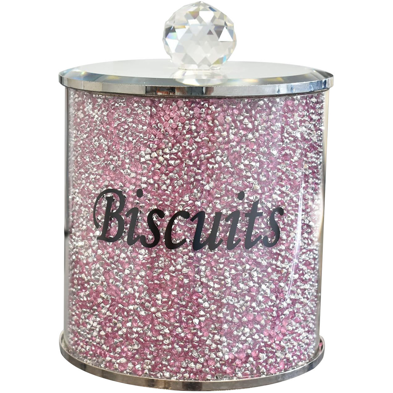 Biznest Pink Diamond Crushed Crystal Biscuit Canister Jar Tin - Pink And Silver