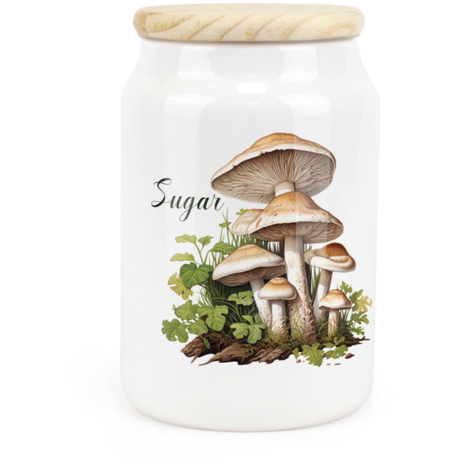B&Q - Mushrooms Ceramic Sugar CanisterNature Outdoors Foraging Themed GiftKitchen Food Storage Jar/container & Wooden Lid 600Ml - Image 2