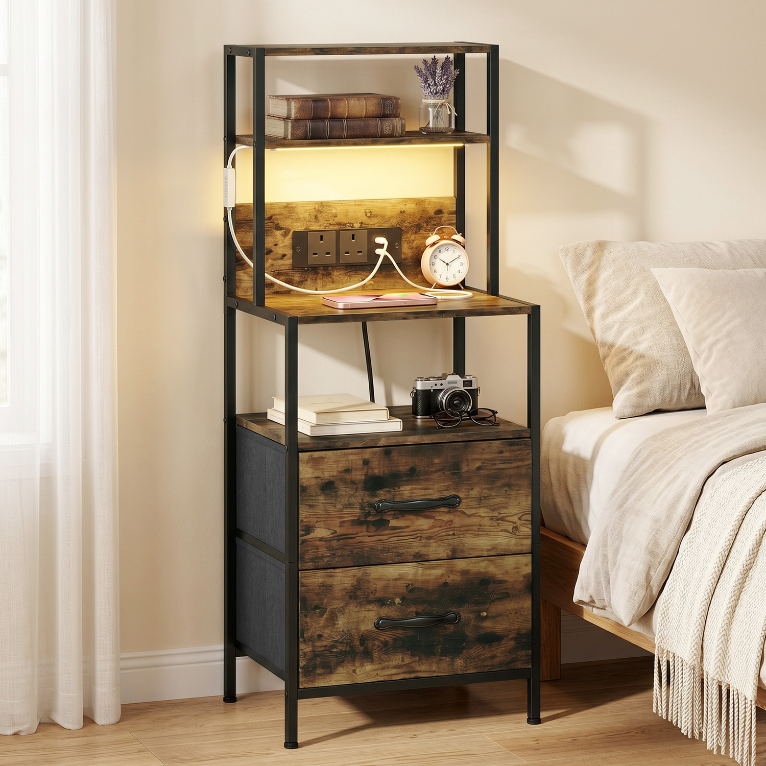 HOMCOM Bedside Table with Charging Station LED Light Strips - Rustic Brown
