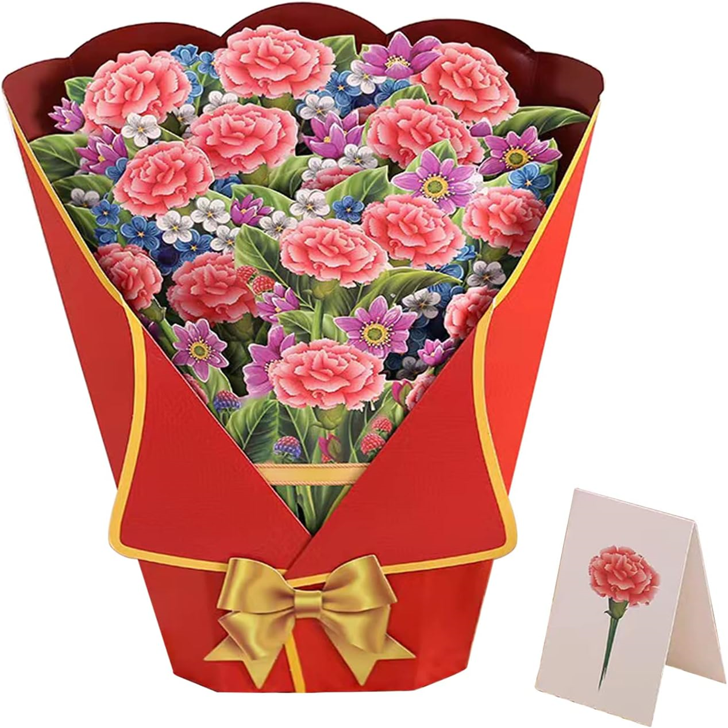 Carnation Bouquet Charm Red Wrap 3D Pop Up Greeting Card - Image 2