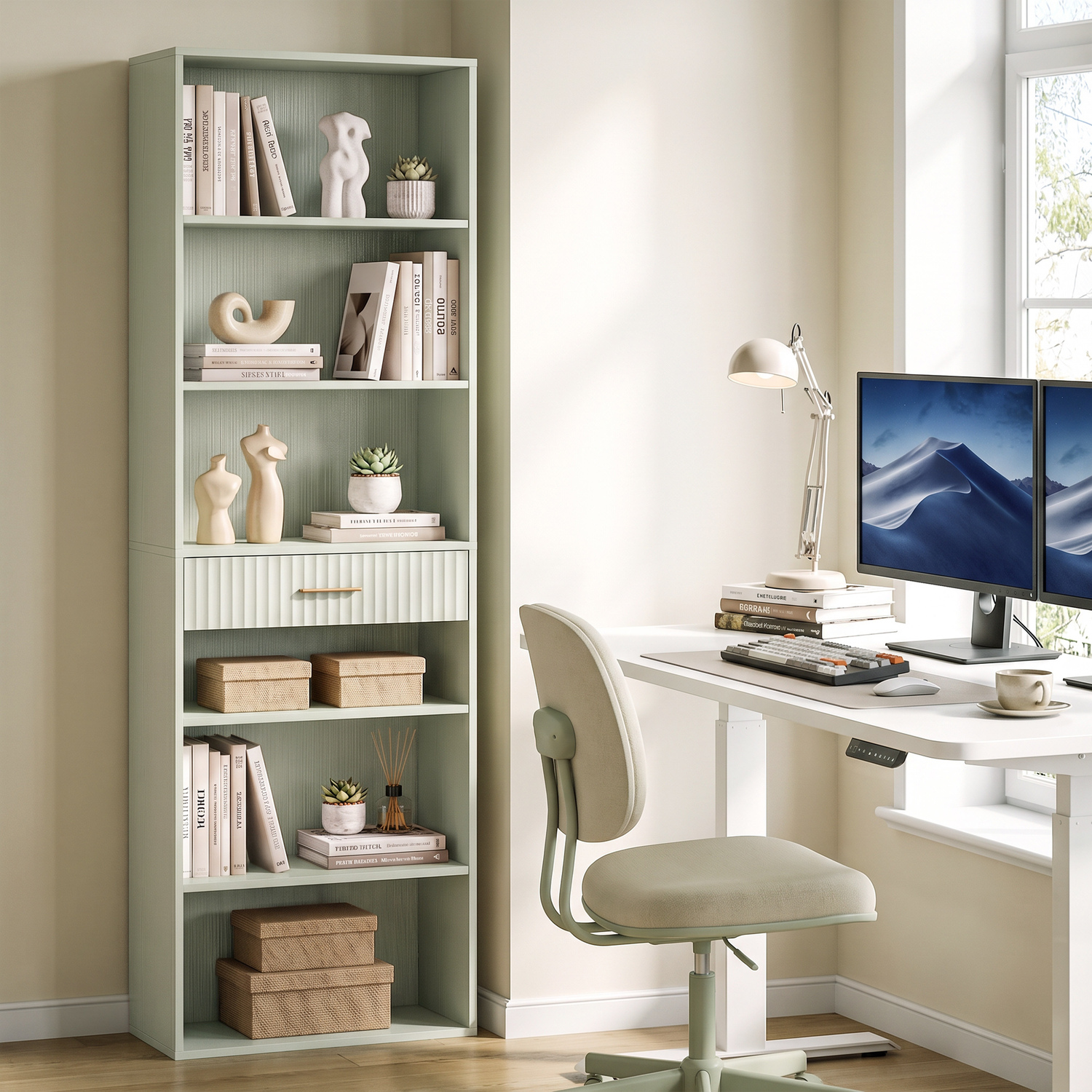 Homcom Tall Bookcase With Cubes, 7-Tier Bookshelf With Drawer, Light Green - Image 4