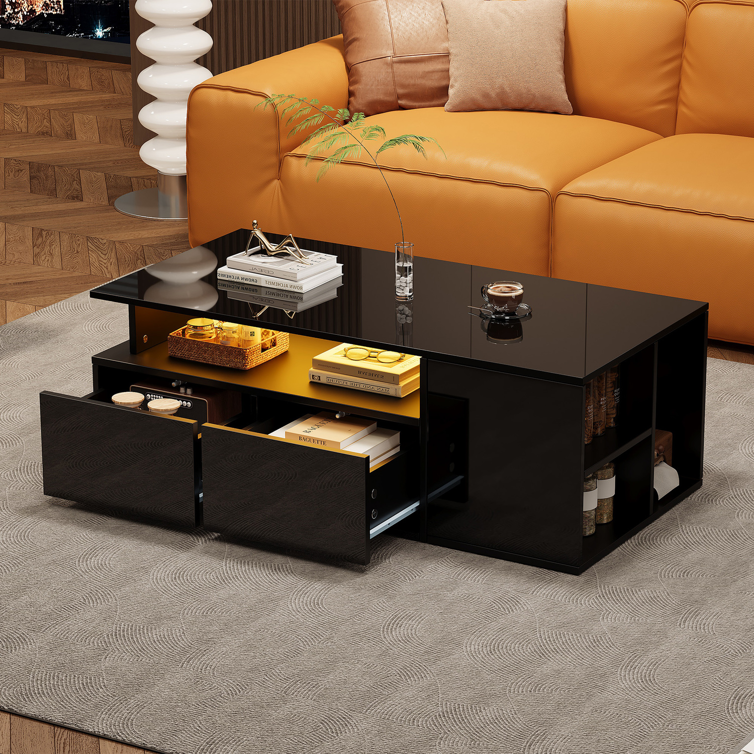 Aka Black High Gloss Coffee Table With Open Storage, 2 Drawers & Led Lights - Black