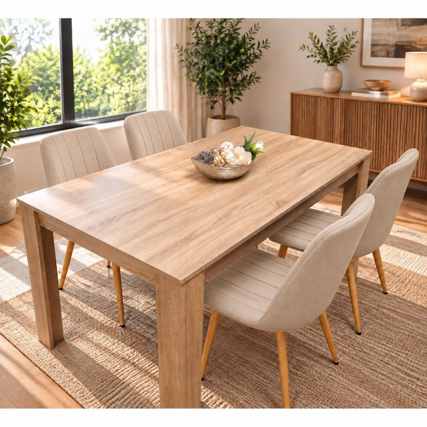 Kosy Koala Dining Table Set With 4 Beige Velvet Chairs, Rectangular Light Wood-Effect, 117Cm - Brown