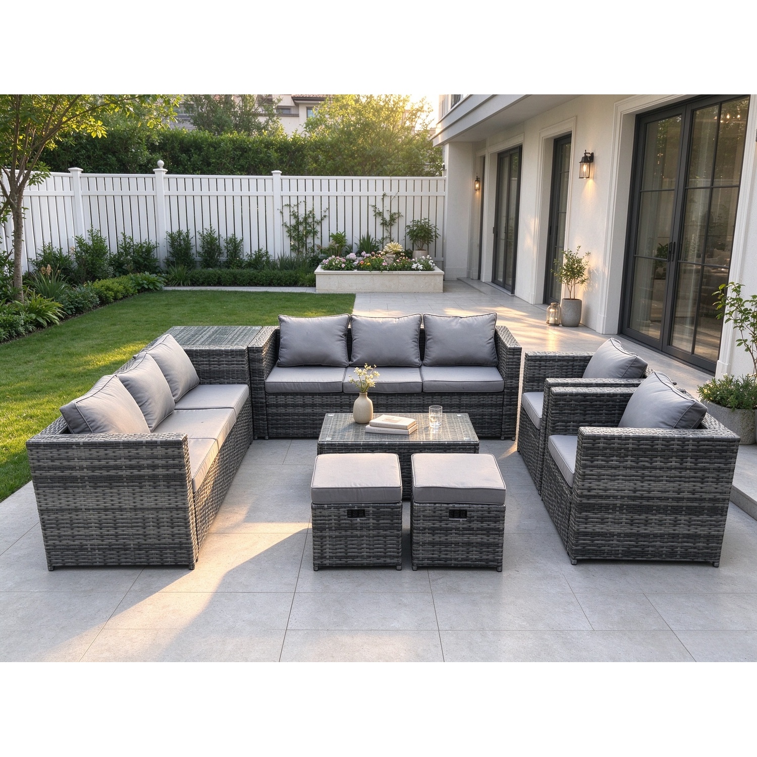 Fimous Outdoor Lounge Sofa Set Wicker Pe Rattan Garden Furniture Set With 2 Armchairs Oblong Coffee Table Side Table - Image 3