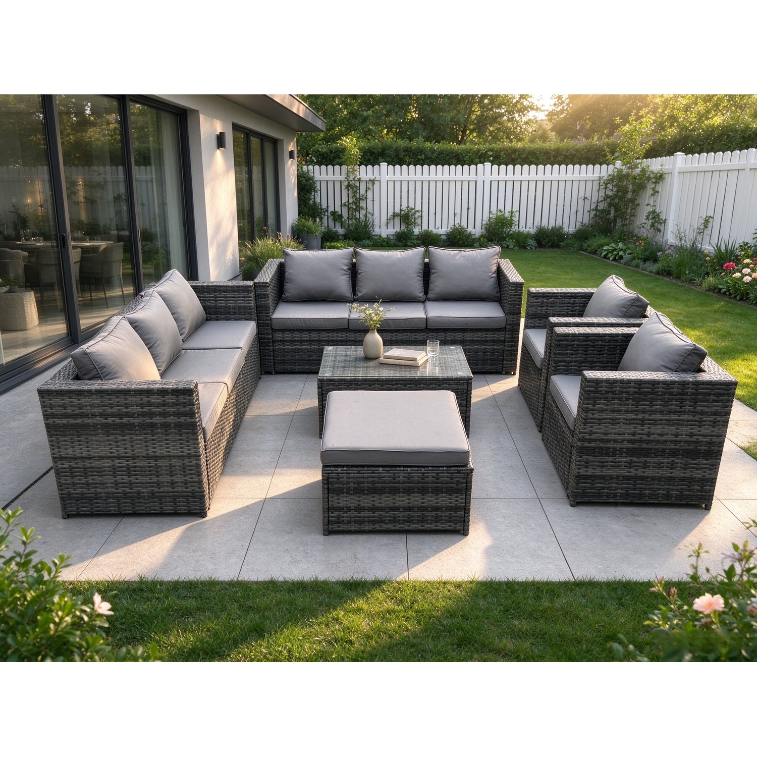 B&Q - Outdoor Lounge Sofa Set Wicker Pe Rattan Garden Furniture Set With 2 Armchair Coffee Table Big Footstool Dark Grey Mixed - Image 2