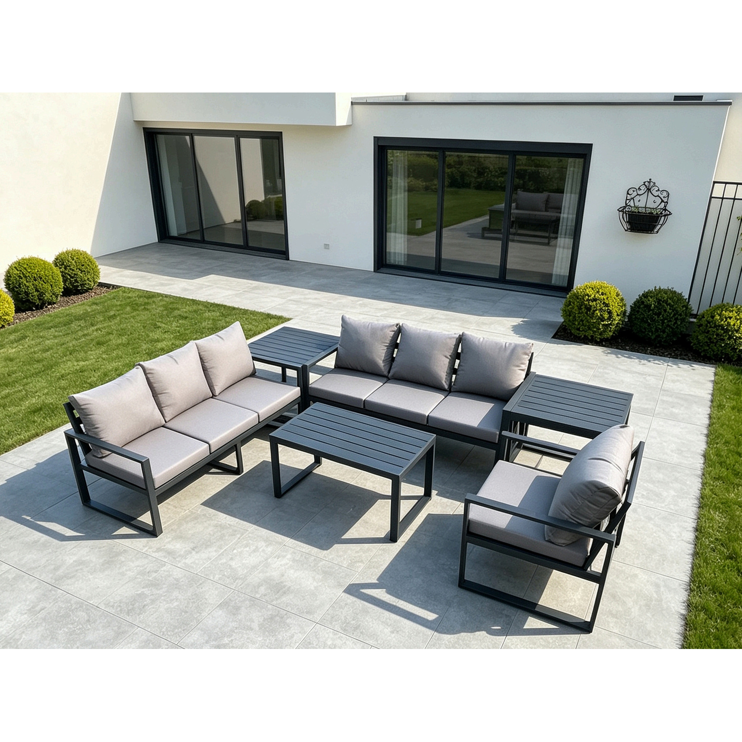 Fimous Dark/Grey Aluminium 7 Seater Garden Furniture Outdoor Patio Sofa Set With Rectangular Coffee Table Armchair 2 Side Tables - Image 2