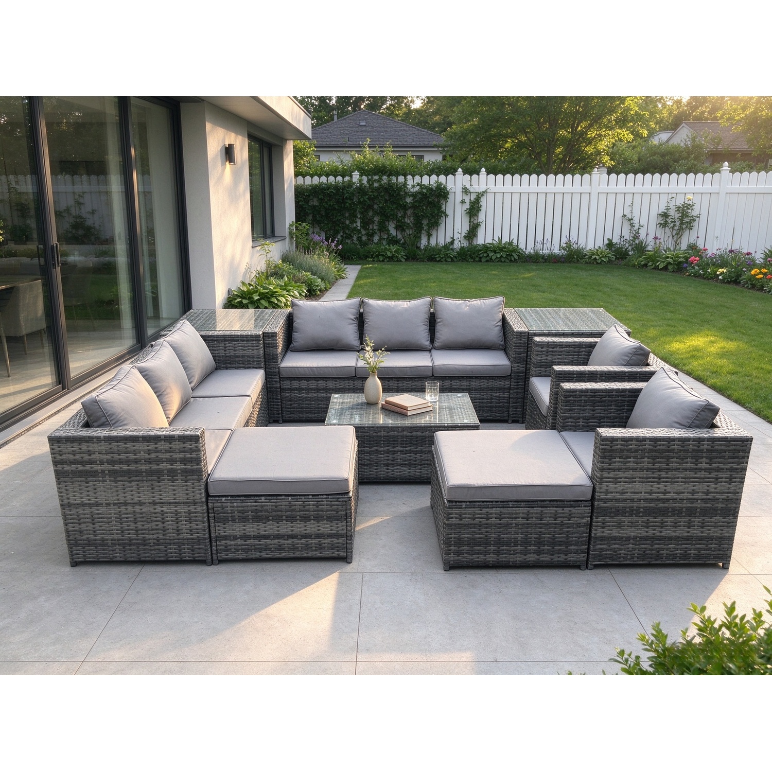 Rackhams Dark/Grey Rattan Garden Furniture Dining Set 10 Seater Patio Coffee Table Sofa Set With 2 Big Stools 2 Side Tables Mixed - Image 2