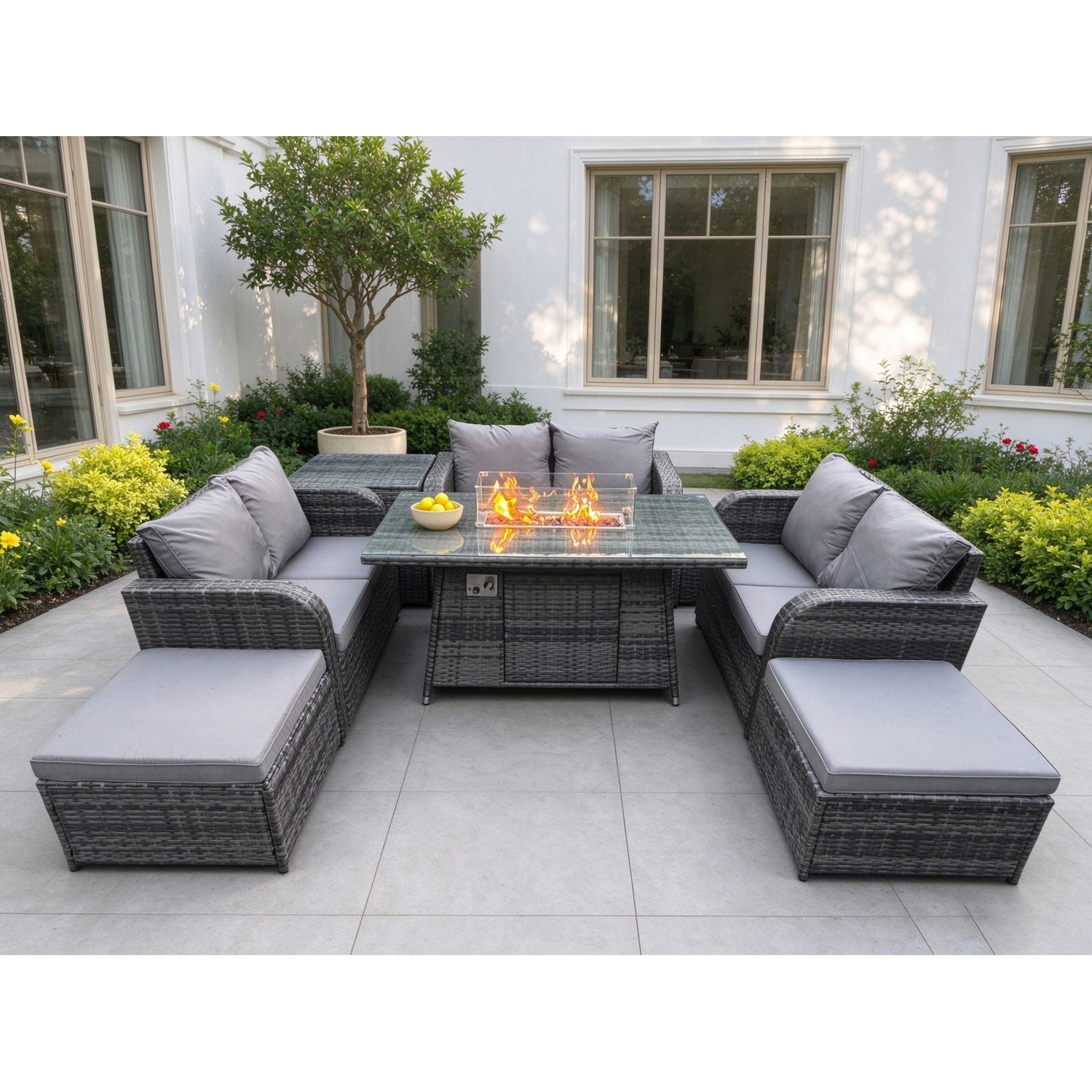 Fimous Unisex Dark Grey Rattan Outdoor Garden Furniture Sofa Set Gas Fire Pit Dining Table Gas Heater With Side Table Love Sofa Big Footstool In Size 2 - Image 2