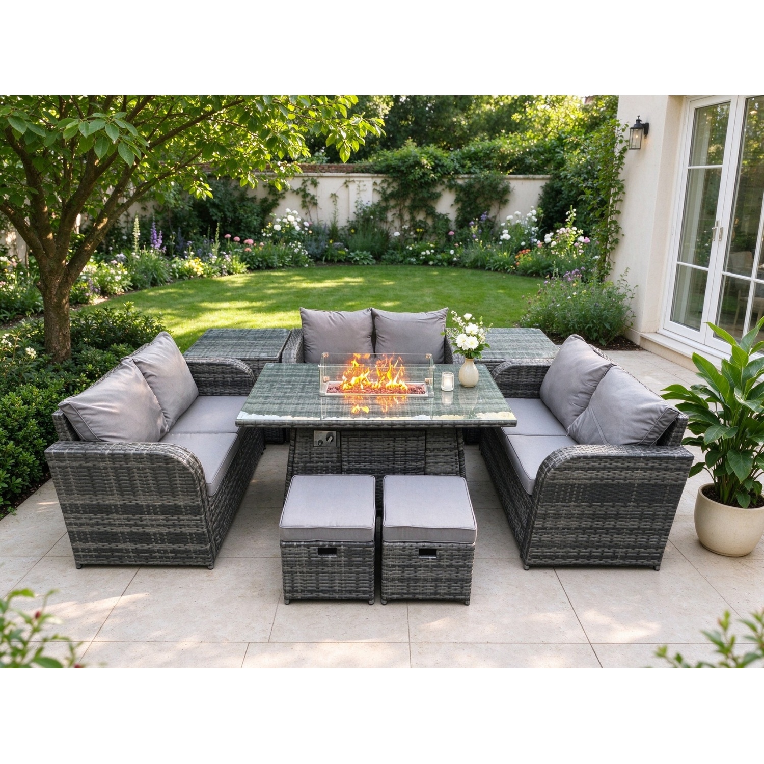 Fimous Unisex Dark Grey 8 Seater Outdoor Rattan Furniture Garden Dining Set Gas Fire Pit Table With Side Table Love Sofa 2 Footstools In Small - Image 2