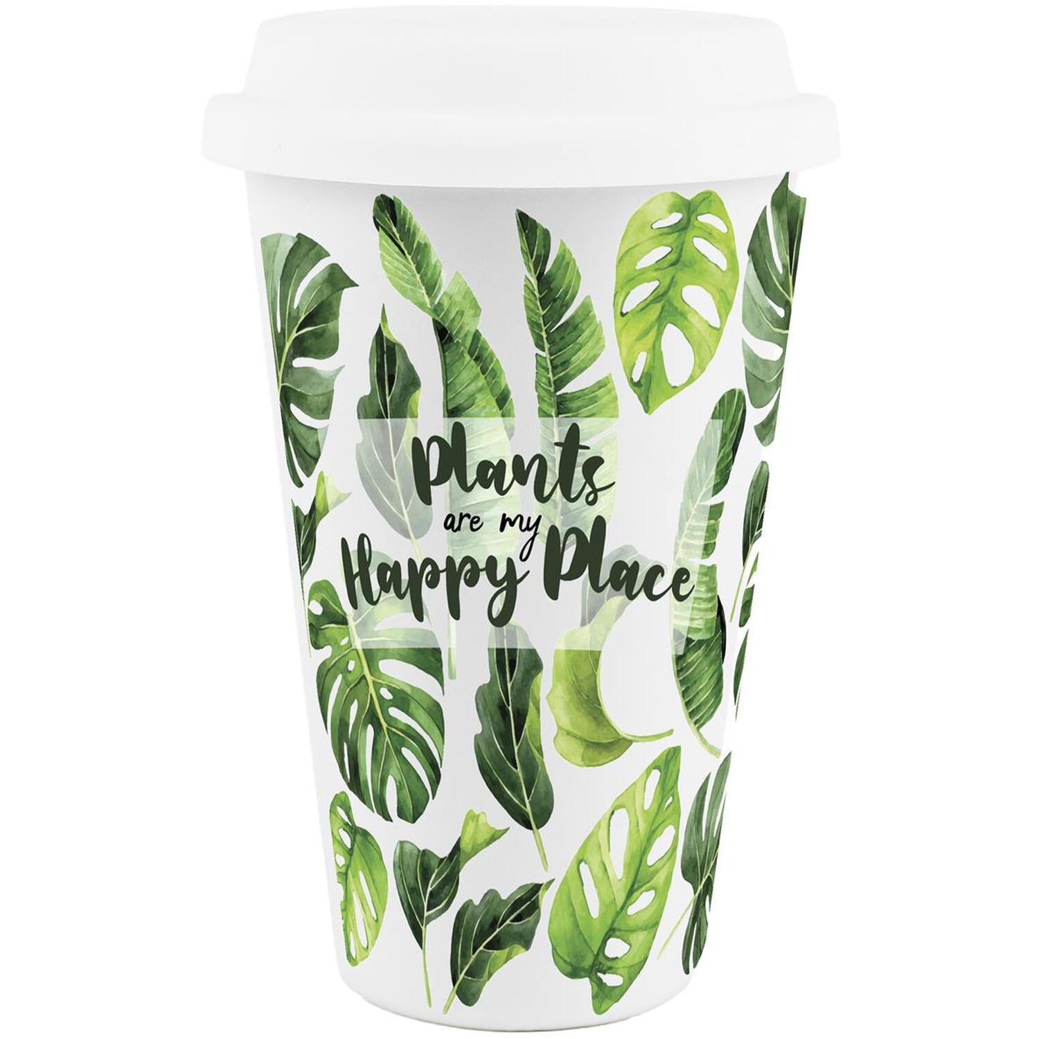 B&Q - Reusable Ceramic Travel MugPlants Are My Happy PlaceSilicone Lid Double-Walled Insulated Hot/cold Drinks Tea Coffee Gift Mug - Image 2
