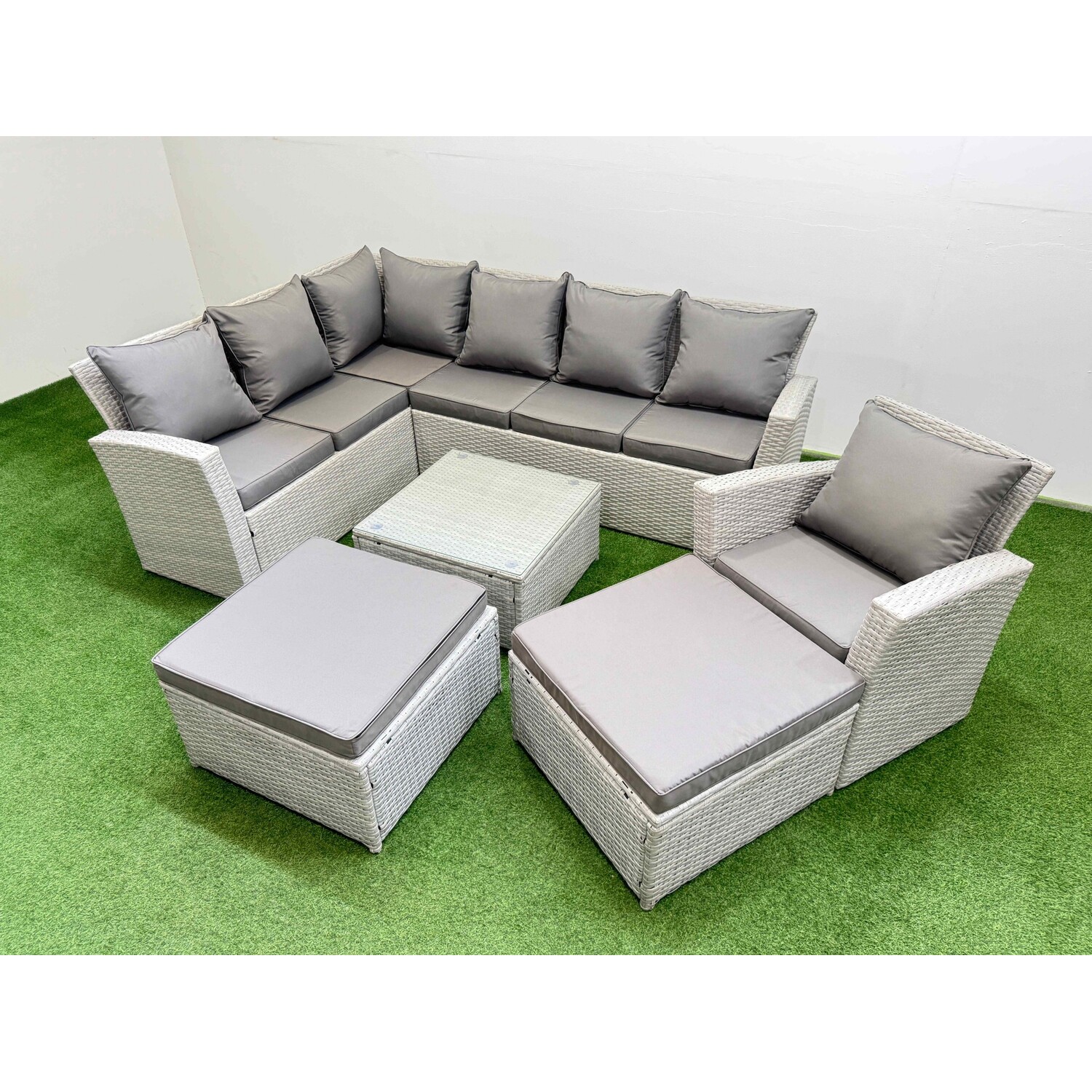 Rackhams Light/Grey Outdoor Rattan Garden Furniture Set 9 Seater Corner Sofa Sets With Square Coffee Table Chair 2 Big Footstools Mixed - Image 2