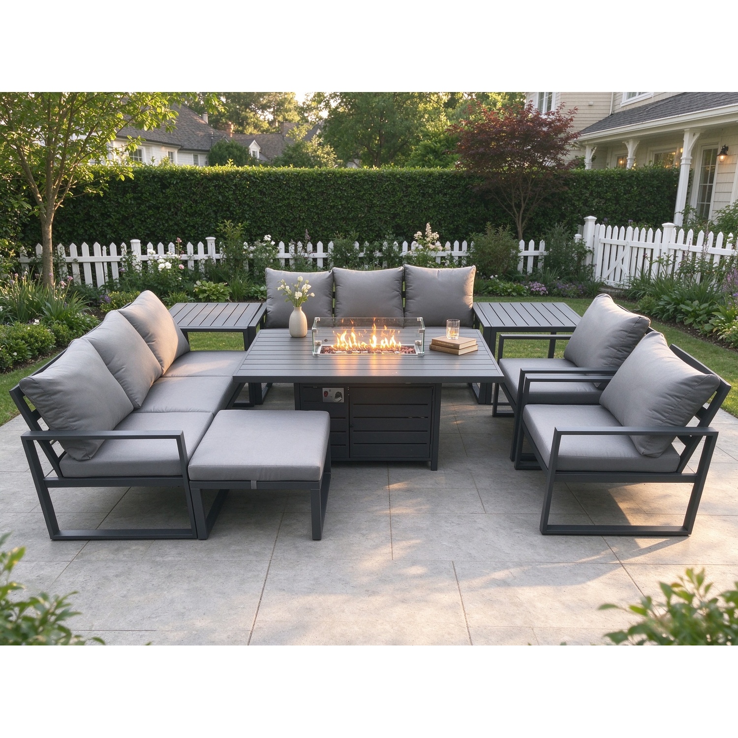 Fimous Dark/Grey Aluminium Outdoor Garden Furniture Set Patio Lounge Sofa Gas Fire Pit Dining Table Set With Big Footstool 2 Side Tables - Image 2