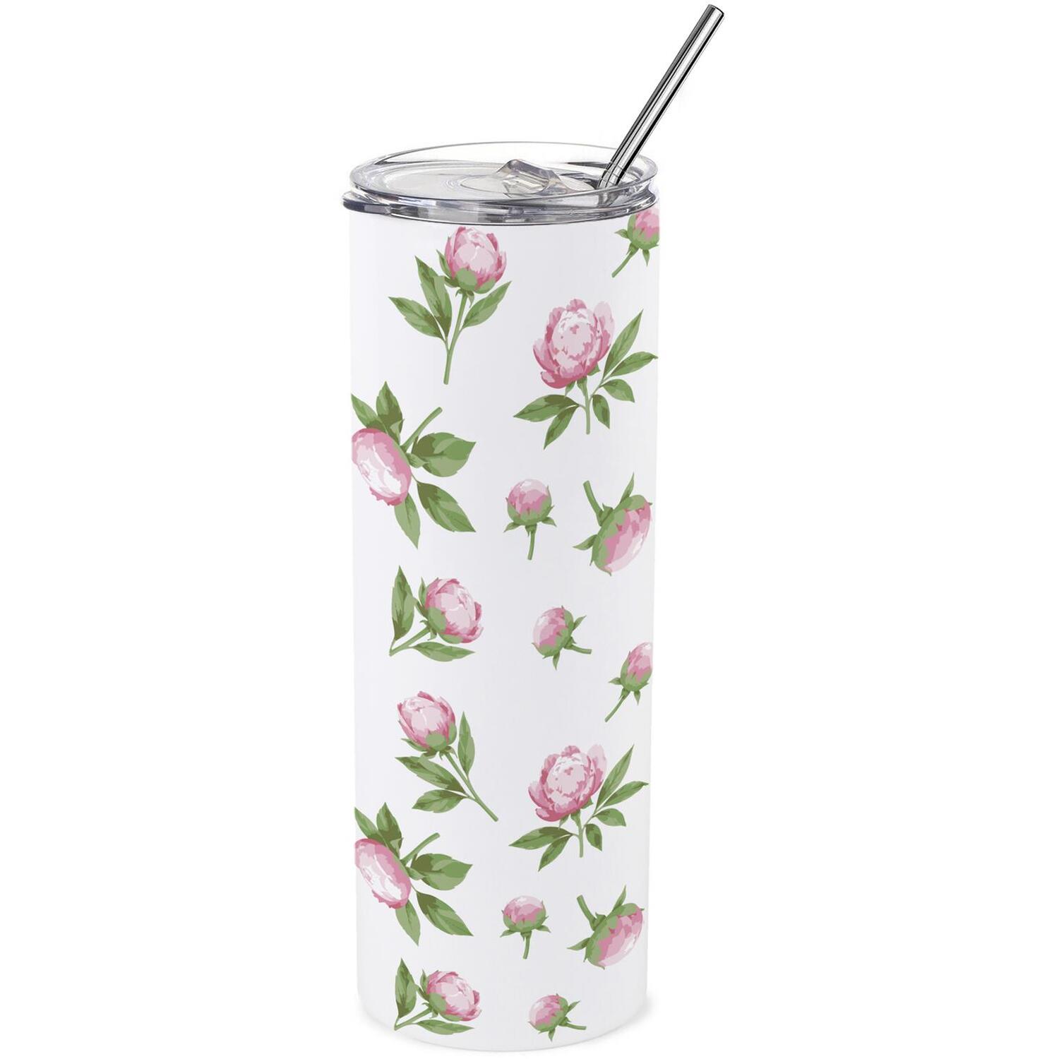 B&Q -  Pink Peonies Stainless Steel Travel Tumbler With Straw - Image 3