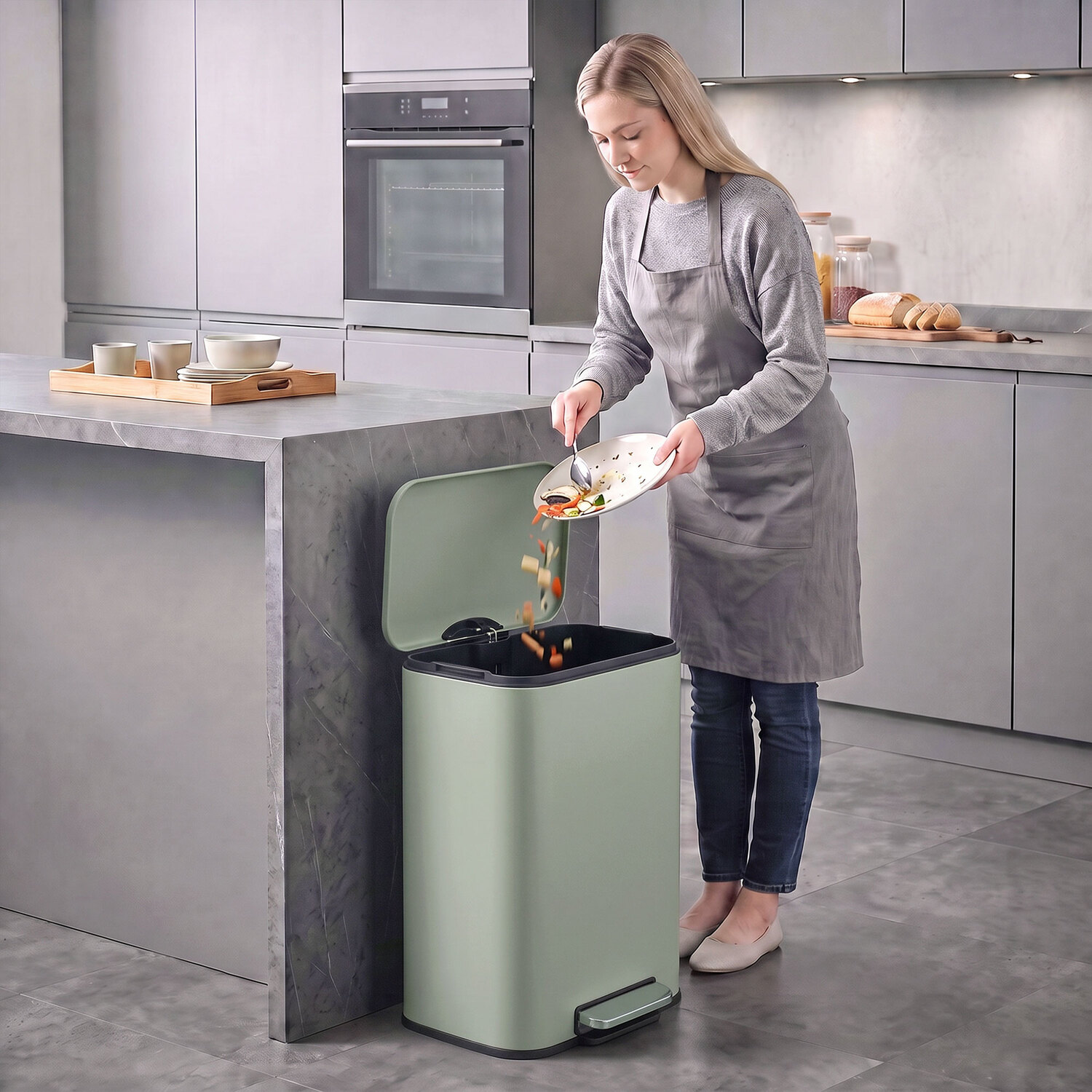 Homcom Unisex Light Green Kitchen Bin, Pedal Bin With Removable Bucket, 50L - Image 7
