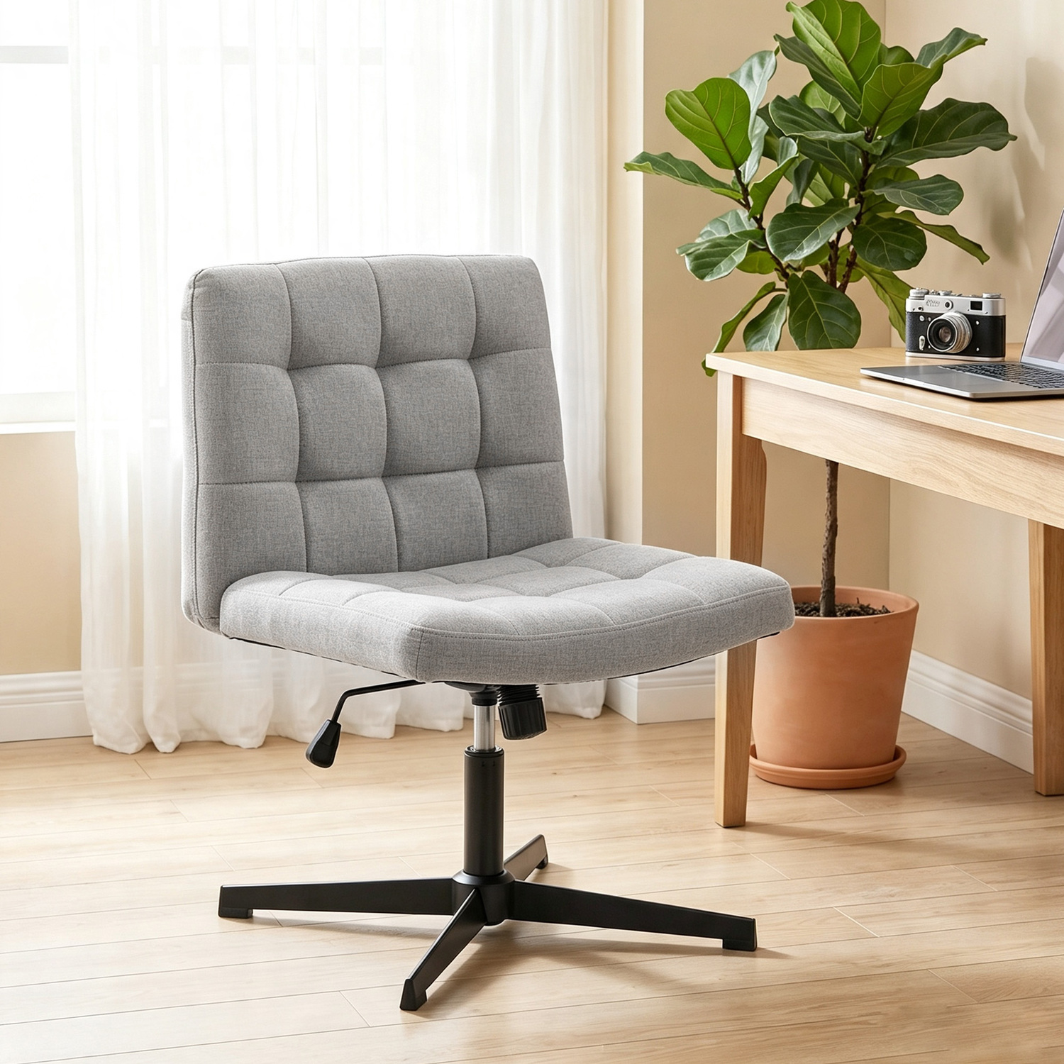 Homcom Grey Armless Office Chair, Cross Legged Linen Computer Desk Vanity Chair With Wide Seat, Rocking Function, - Image 3