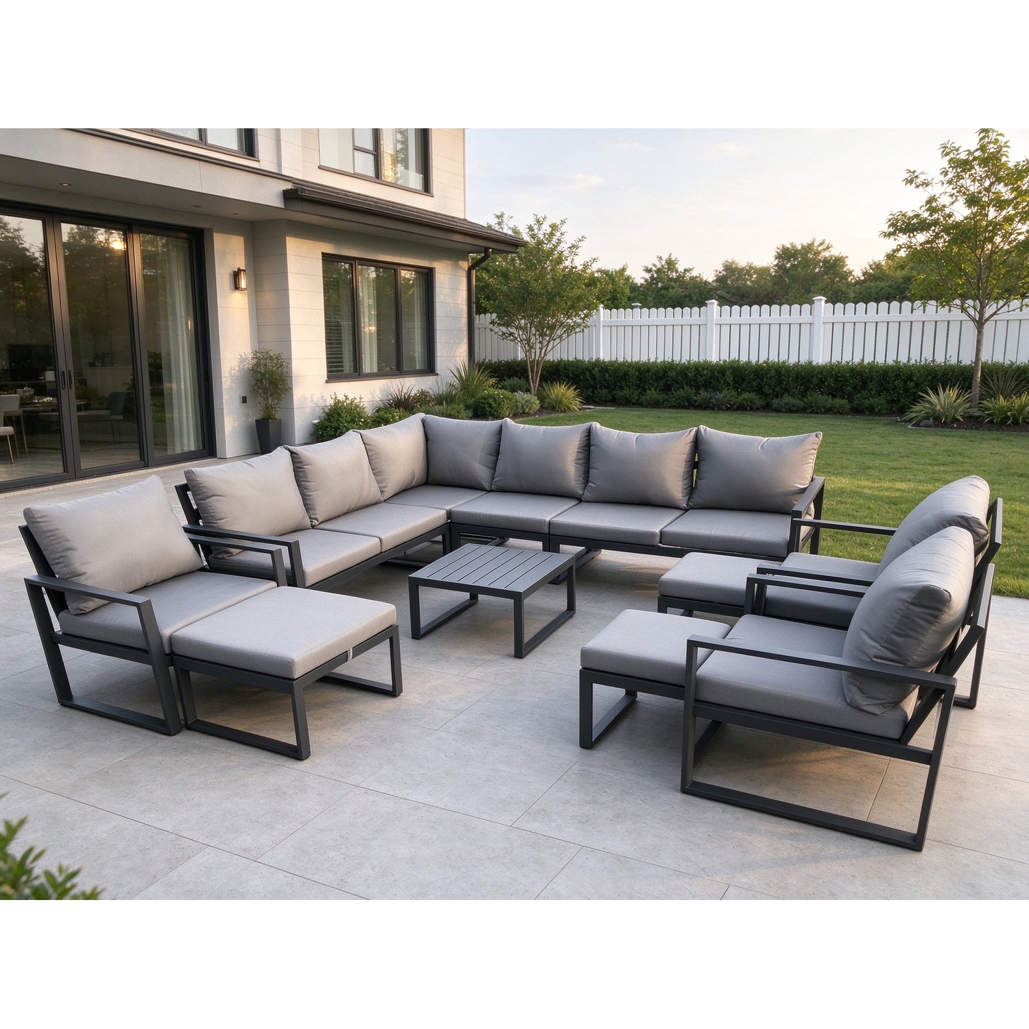 Fimous Dark/Grey 12 Seater Outdoor Lounge Corner Sofa Set Aluminium Garden Furniture Sets With Square Coffee Table 3 Chairs 3 Footstools - Image 2