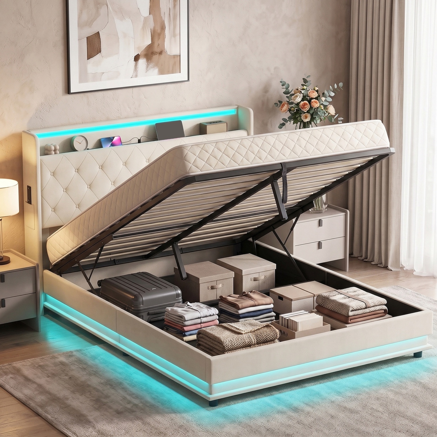 Homcom Lift Up Storage Bed Frame With Rgb Led Lights, 150 X 200Cm, White - Image 4