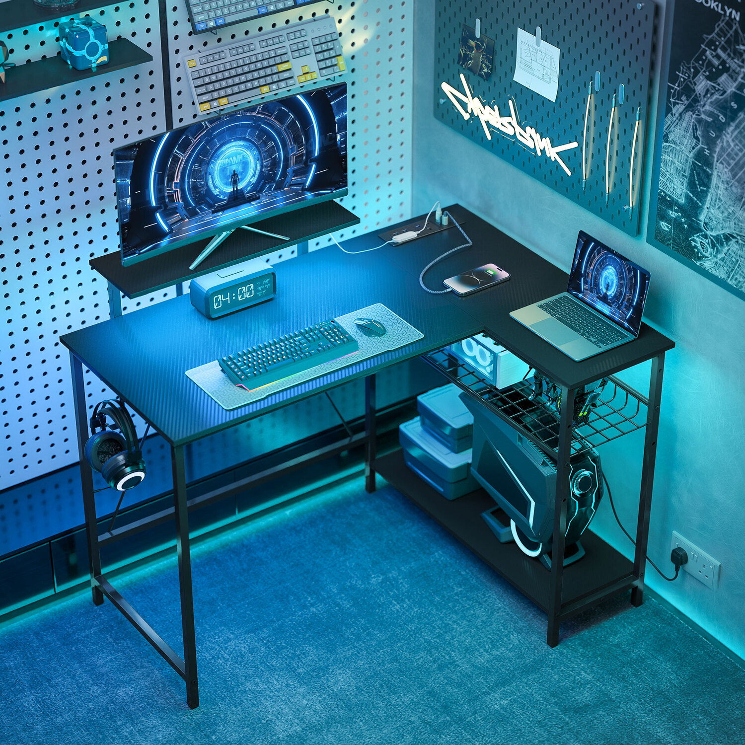 Homcom Black 114.5 Cm L-Shaped Gaming Desk, Computer Desk With Led Lights, Power Station And Adjustable Mesh Shelf - Image 4