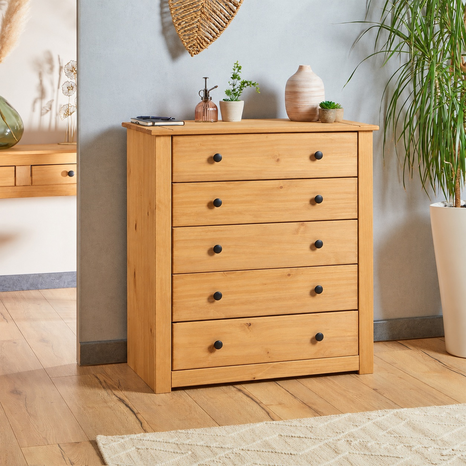 Mews Panama Country 5 Drawer Chest Of Drawers Solid Pine Light Fiesta Wax - Image 3