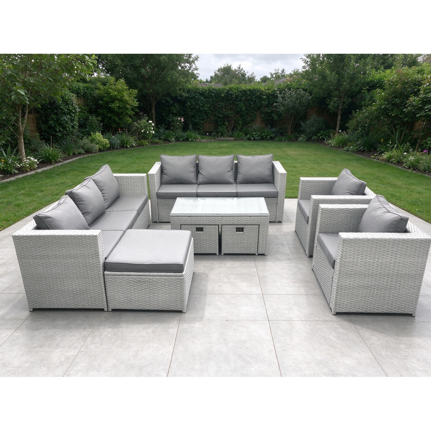 Fimous Unisex Light Grey Outdoor Garden Furniture Rattan Sofa Set With Armchairs Oblong Coffee Table 3 Footstools Mixed Size 2 - Image 2