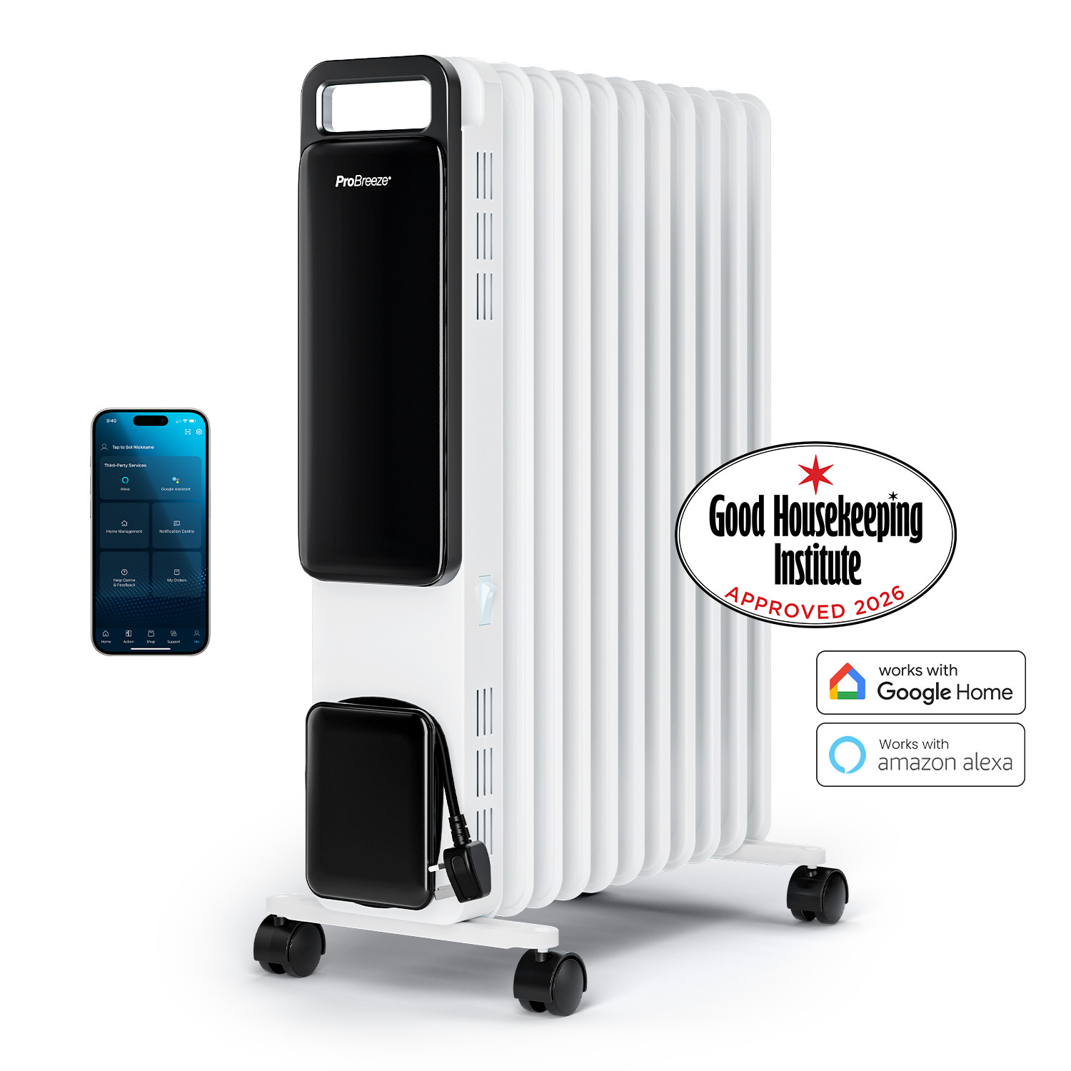 B&Q - Omniwarm 2500W Oil Filled 11 Fins Eco Radiator Heater With Digital Display And Smart App Control- White - Image 2