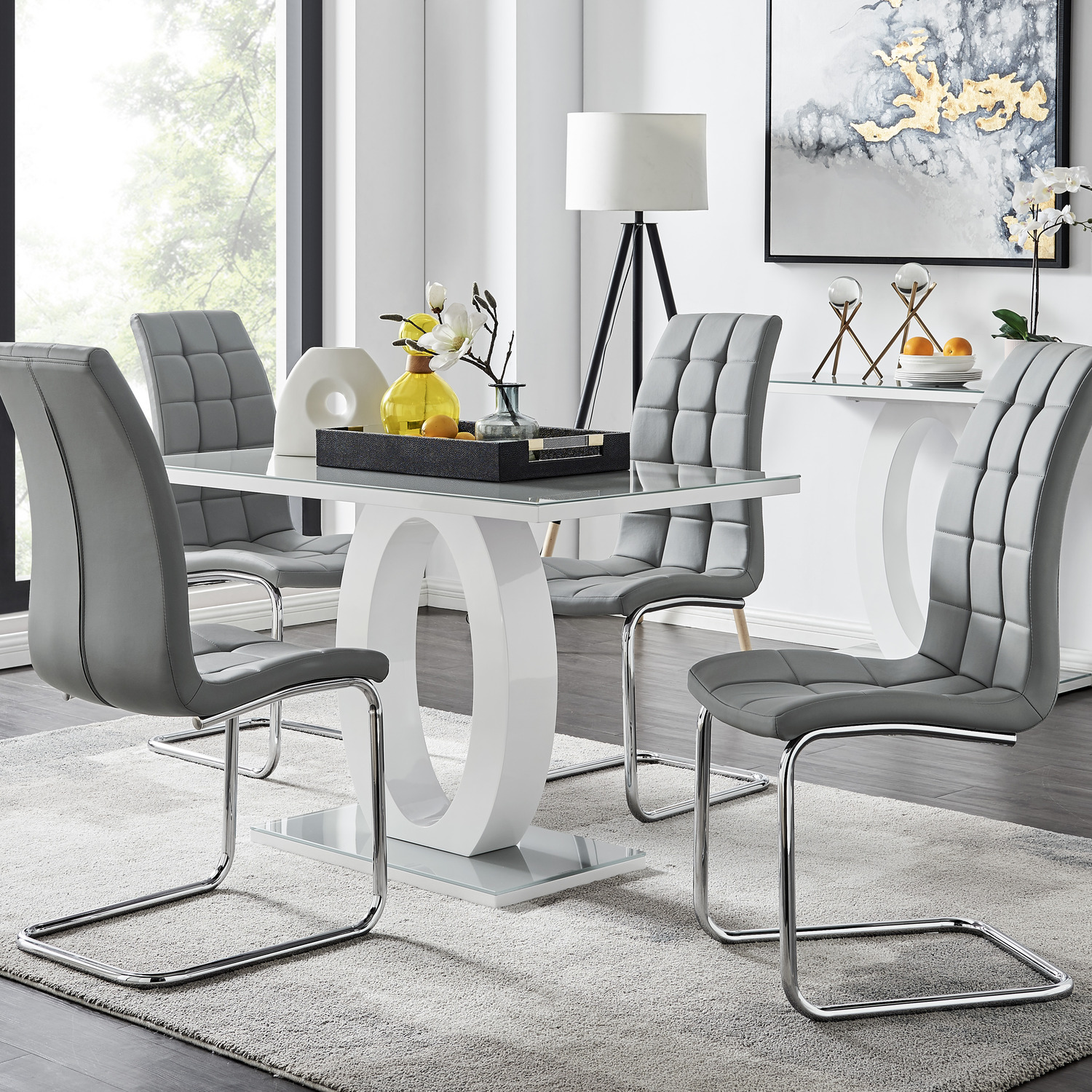 Giovani Grey White Modern Glass Dining Table With Four Murano Chairs Set - Grey
