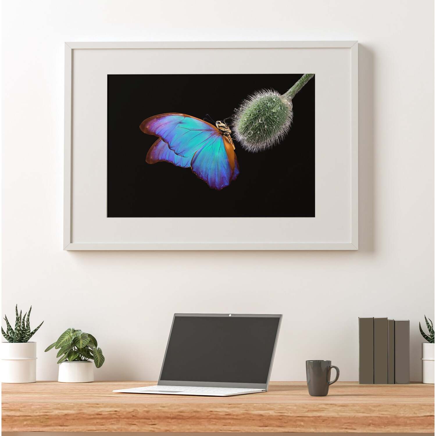 Warren Reed - Designer - Bright Butterfly On A Poppy Bud Art Print - Blue / 42cm thumbnail