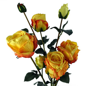 Yellow Rose Artificial Flowers Spray 4 Flowers 3 Buds