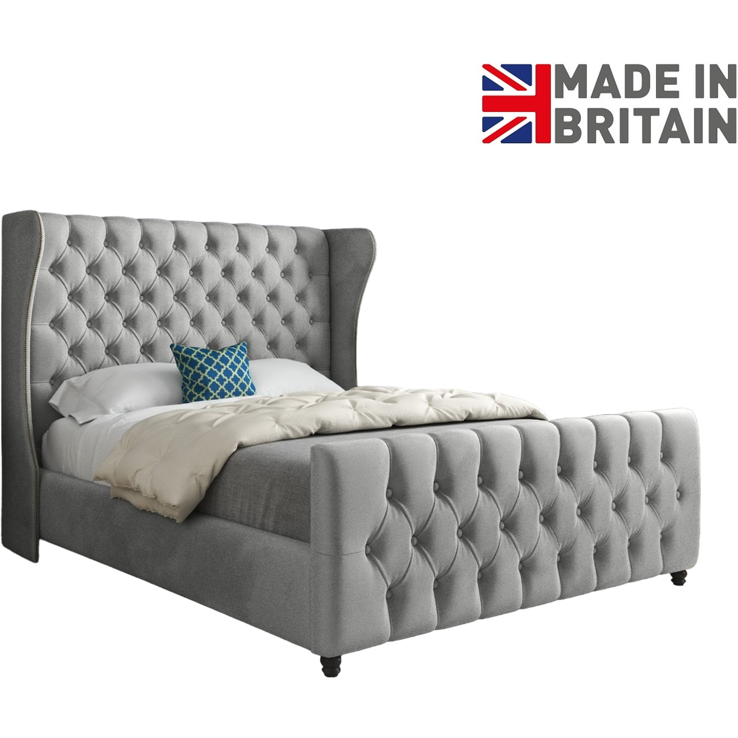 Donati Straight Curved Top Upholstered Soft Velvet Bed Frame - Grey King