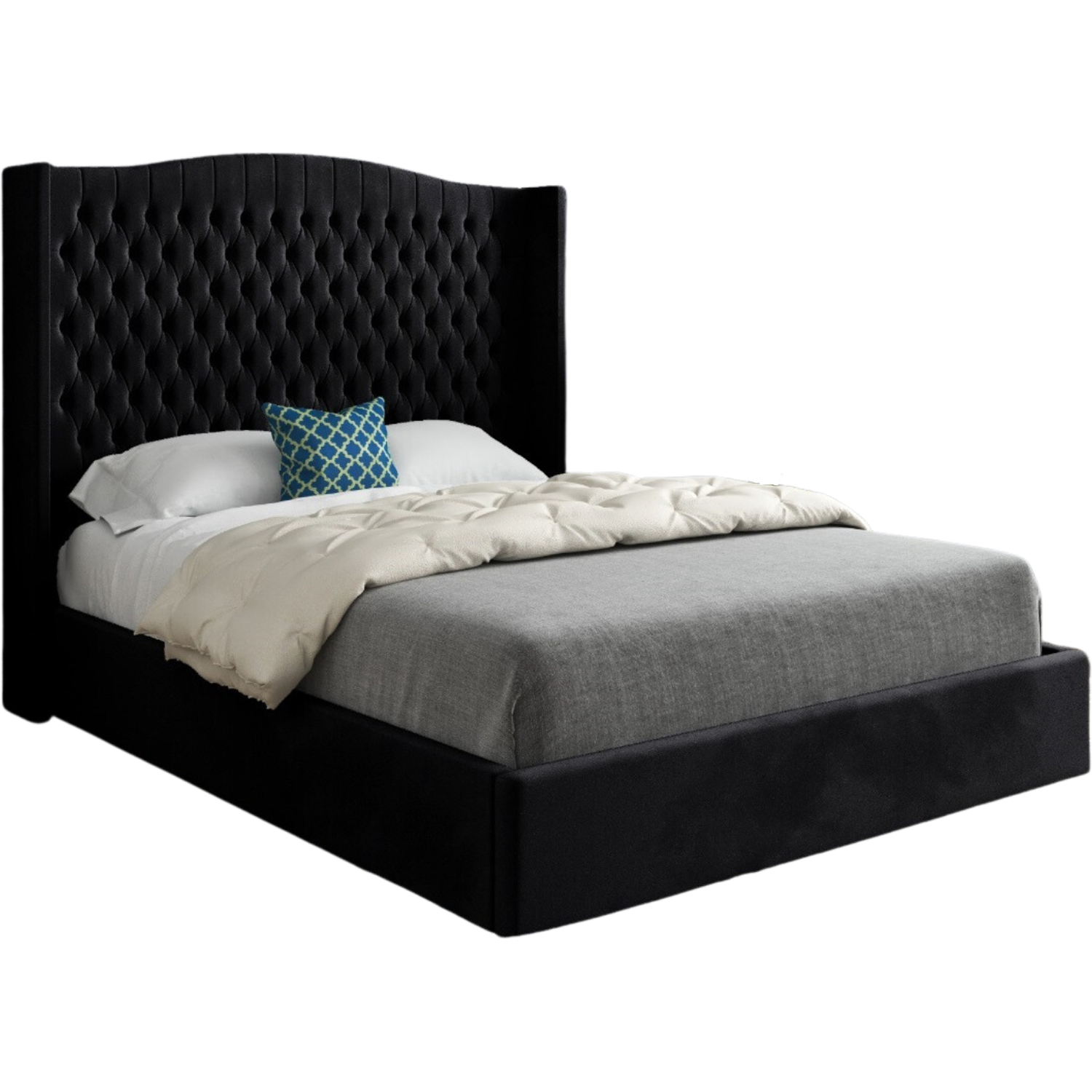 Rana Curved Top Winged Upholstered Soft Velvet Bed Frame - Black Small Single