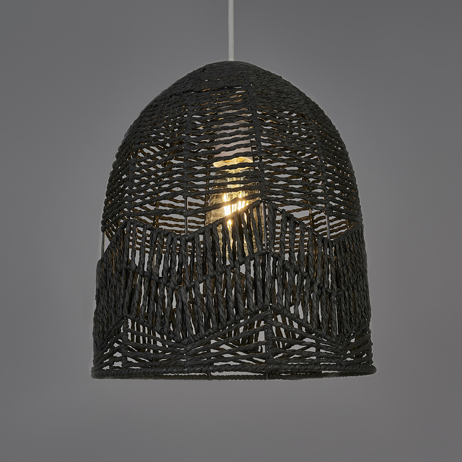View of Rustic Black Woven Rope Bird Cage Ceiling Pendant Light Shade