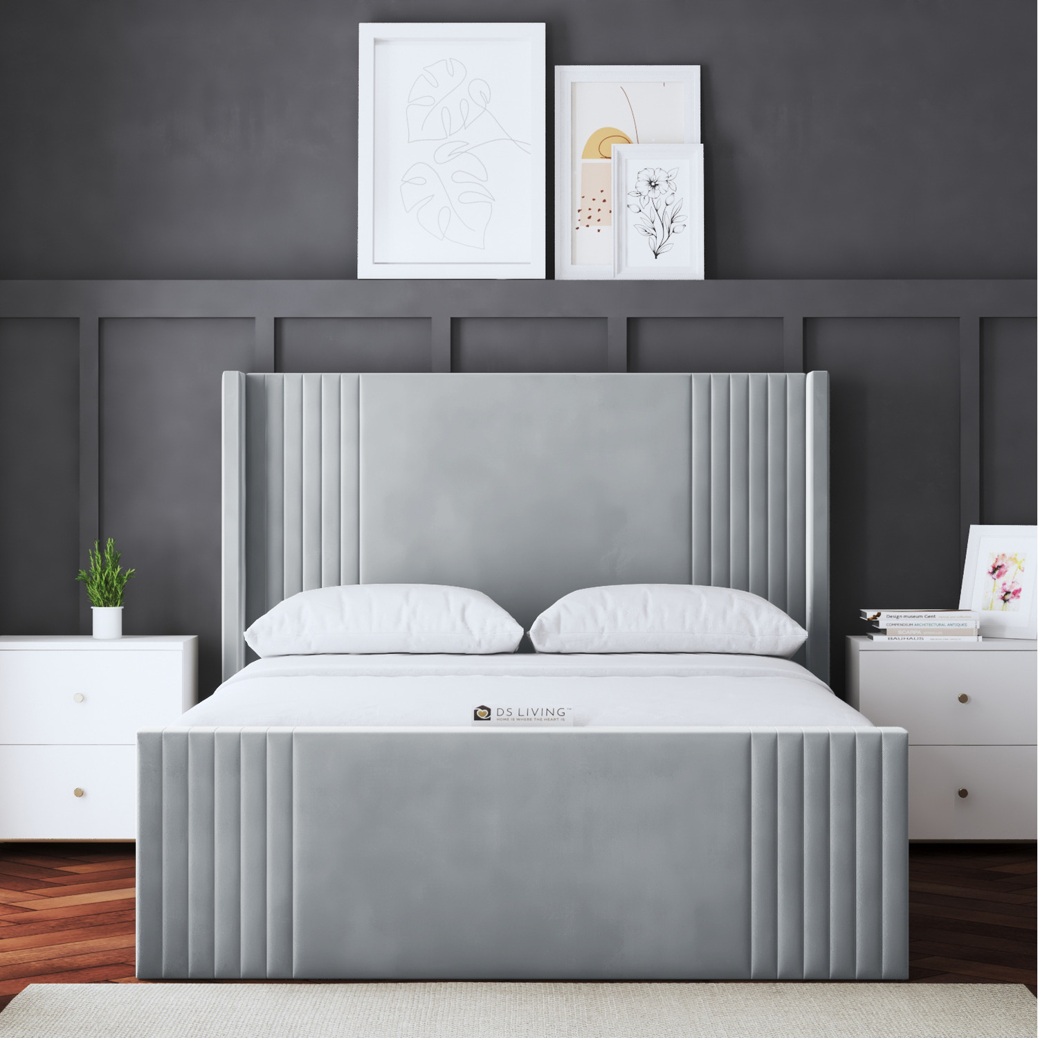 Elara Winged Ottoman Panel Bed With Headboard - Silver King