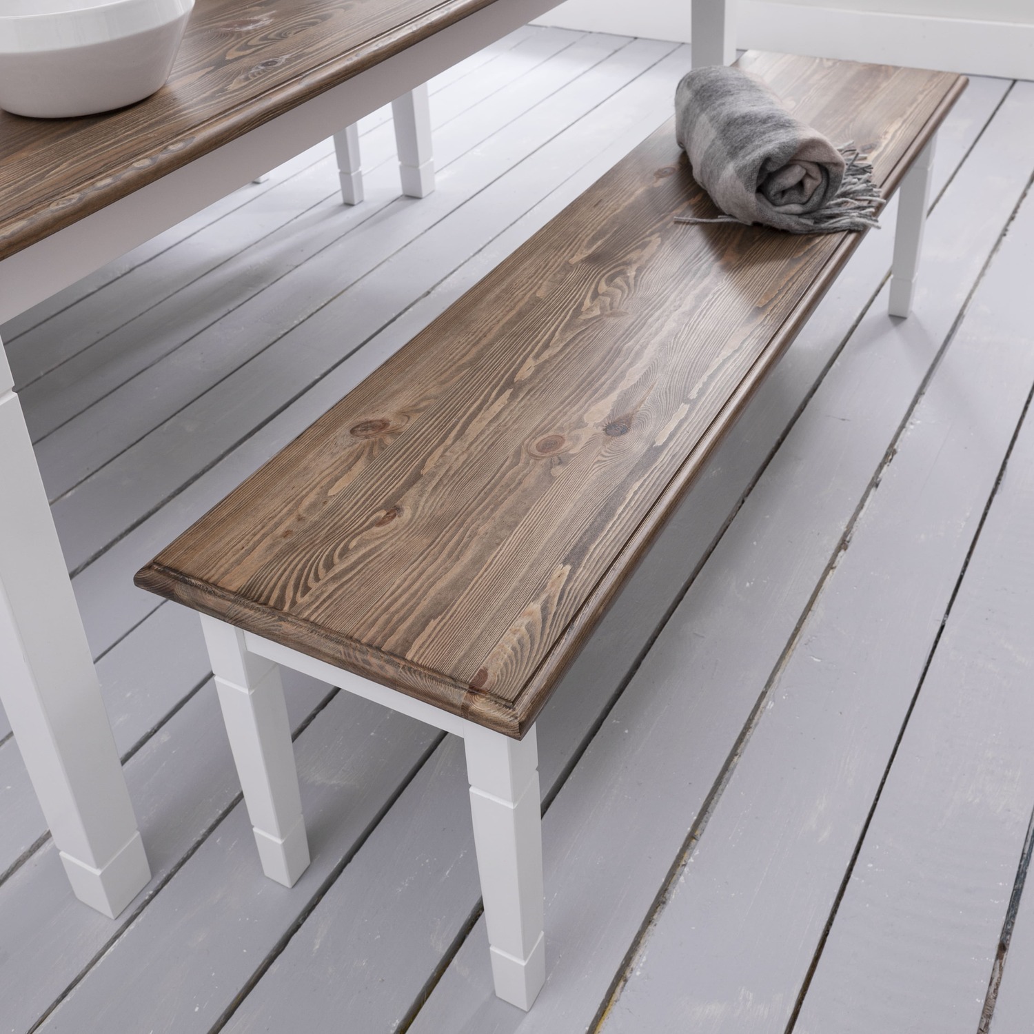 Canterbury 180cm Dining Table With 2 Benches In Silk Grey And Dark Pine - White