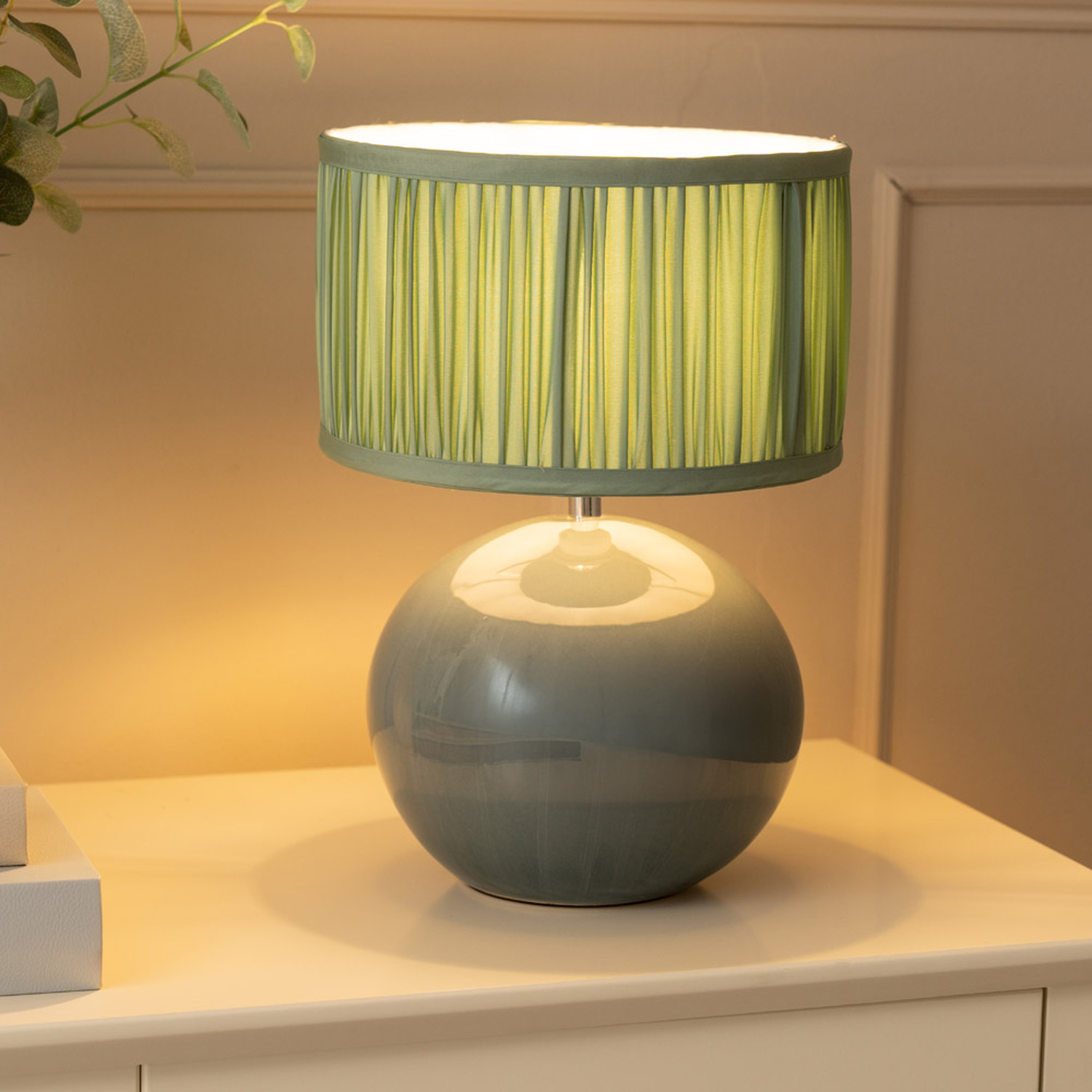 Bosco Eucalyptus Ceramic Table Lamp with Ruched Pleated Fabric Drum Lamp Shade - Green / Bulb Included