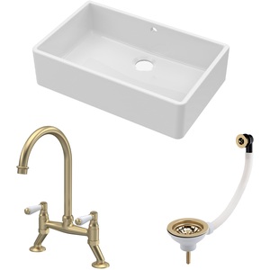 1 Bowl Butler Sink with Overflow Waste Tap Brushed Brass 595mm