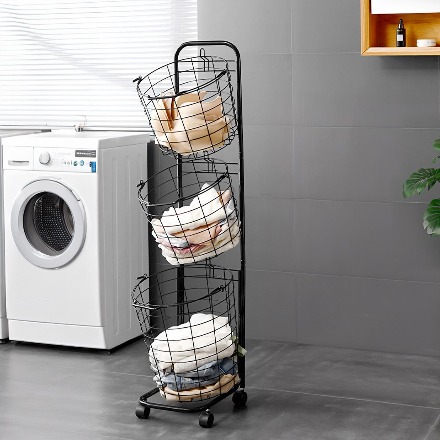 Lifeideas 3-Tier Iron Laundry Basket With Wheels - Black