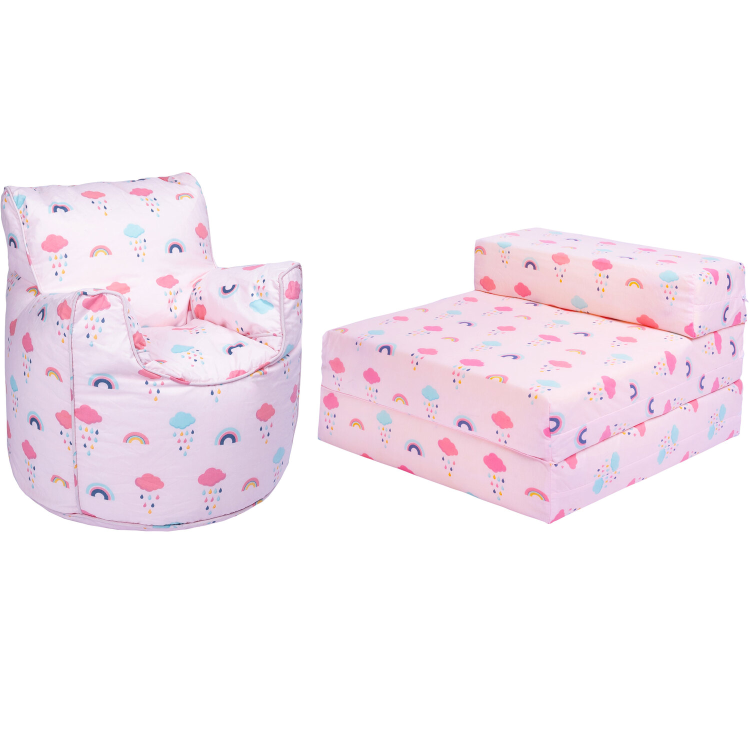 Printed Kids Bean Bag Armchair And Folding Z Bed Mattress - Rainbow