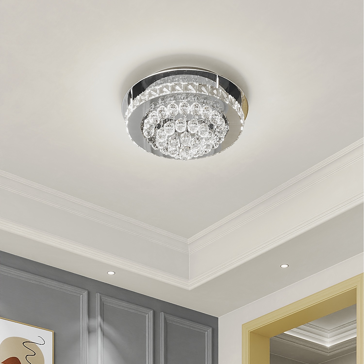 Fluid Led Ceiling Dimmable Round Crystal Droplet LED Semi Flush Ceiling Light