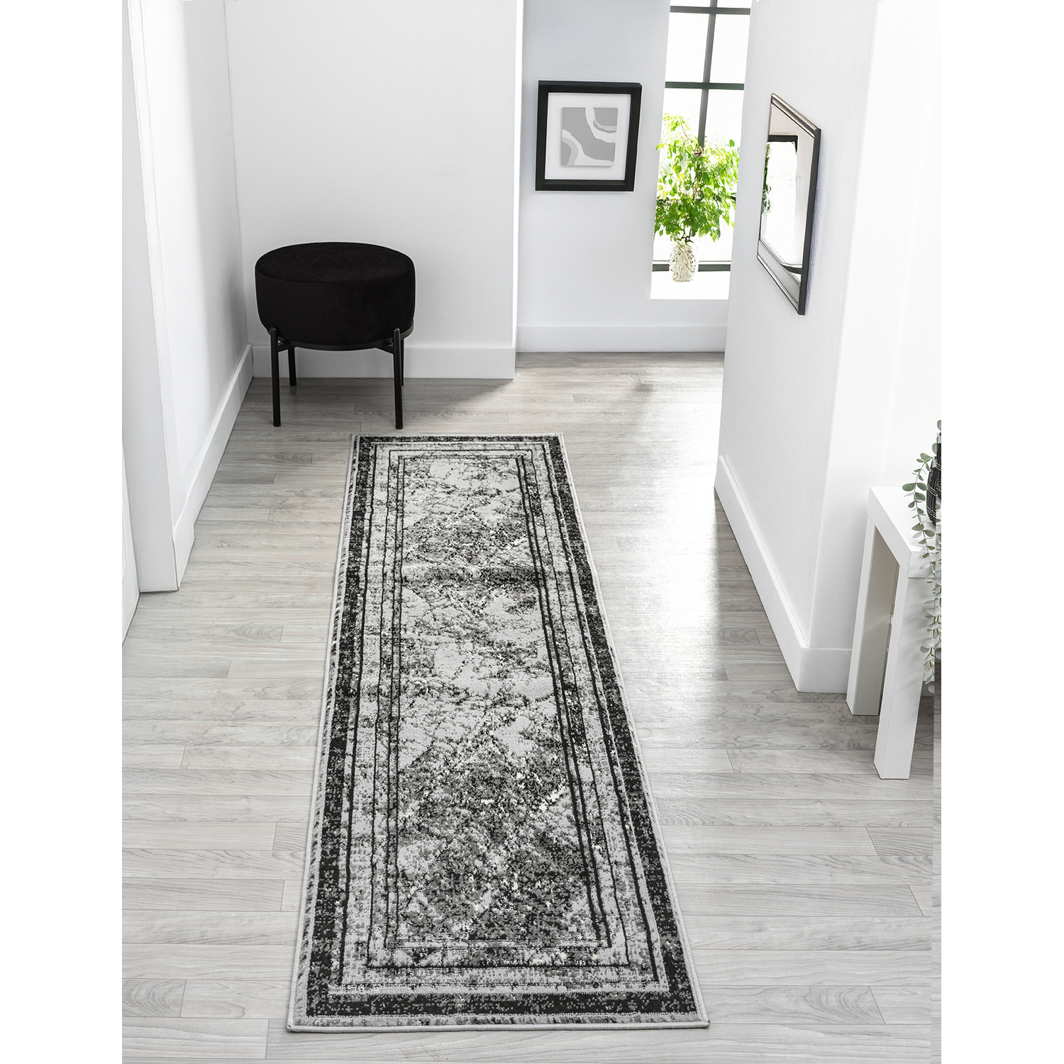 Obsidian Modern Low Pile Area Rug - Frame Abstract Design Grey Rug - Grey / 220cm
