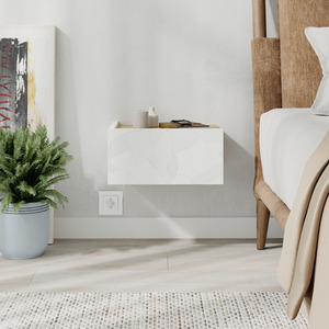 White, Oak Wall Bedside Table with Drawer Handleless Nightstand shot 10683989