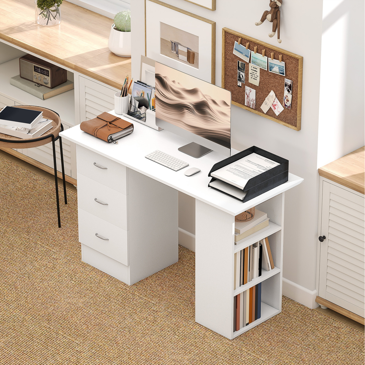 Homcom 120cm Computer Desk Pc Table Workstation Shelf Drawers White - White