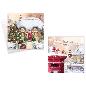 20 Christmas Cards Robins Post Box Snowy Cottage With Envelopes