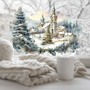 Double Sided Christmas Church Window Sticker Snowy Winter Scene