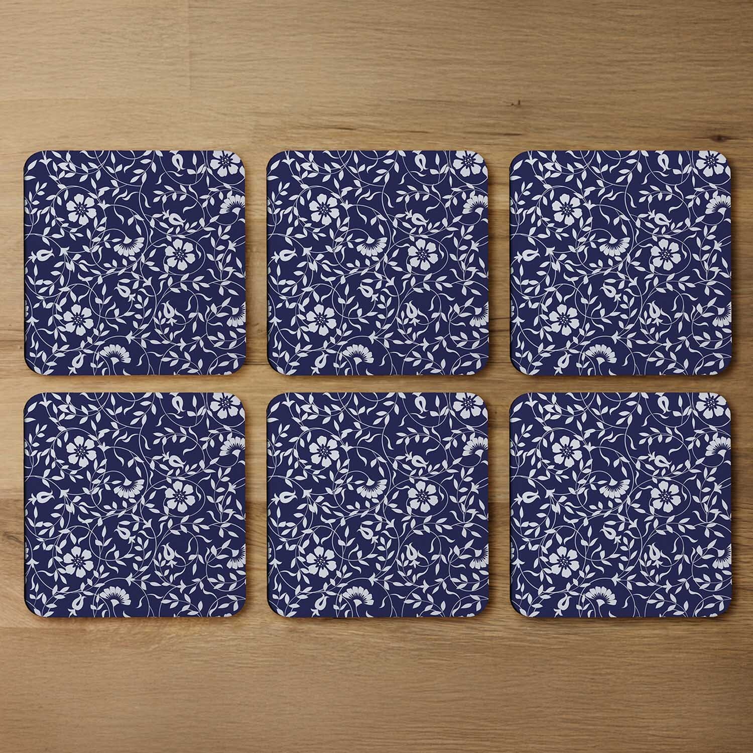 White Flowers On Navy Coaster - Blue