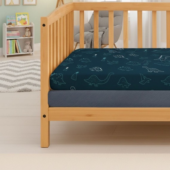 Baby Cot Fitted Sheet Denim Blue and Dino - Pack of 2