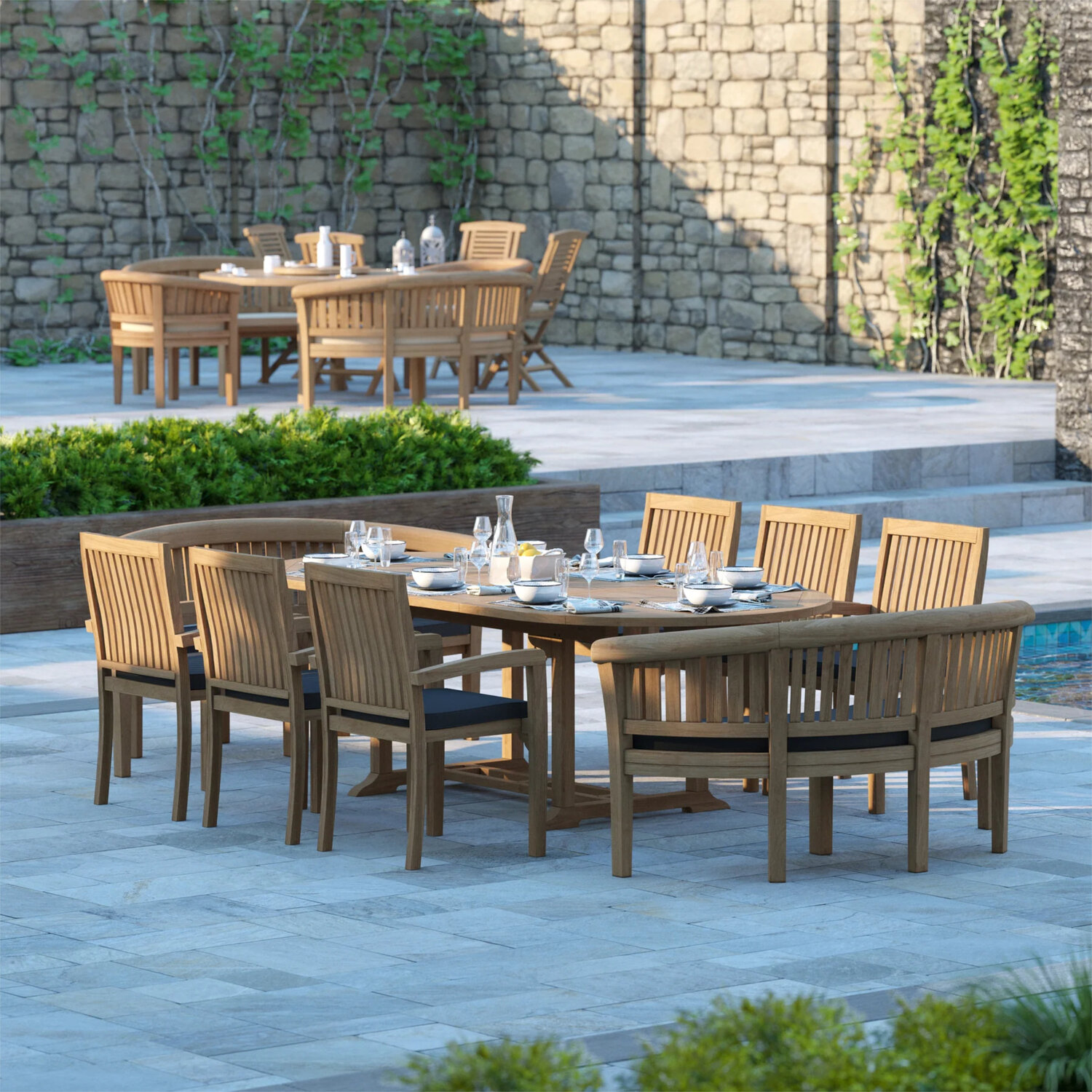 Genoa Teak Garden Dining Table And 8 Seat Chair Set - Teak Table 6 Chairs 2 Benches Black Cushions